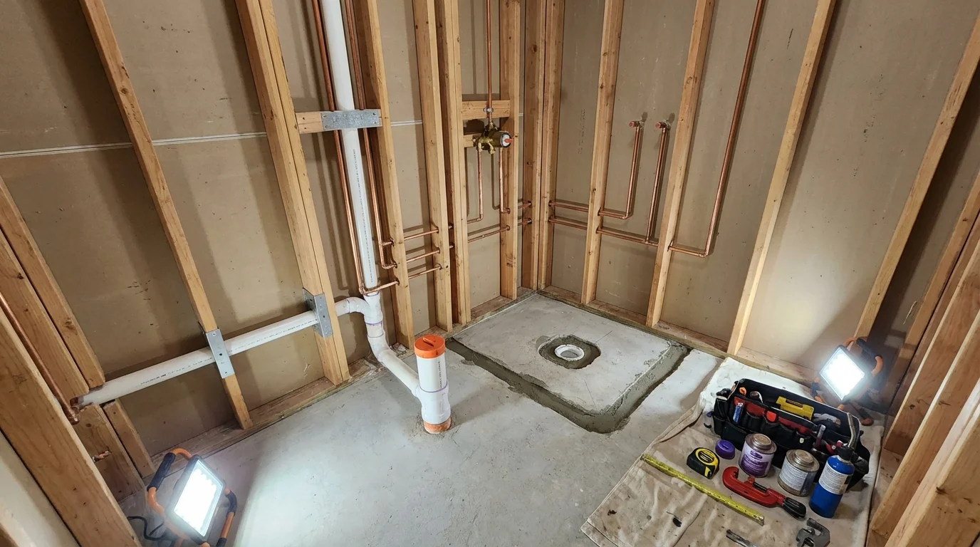 Bathroom rough-in plumbing during remodel by Johns Plumbing LLC in Crocker