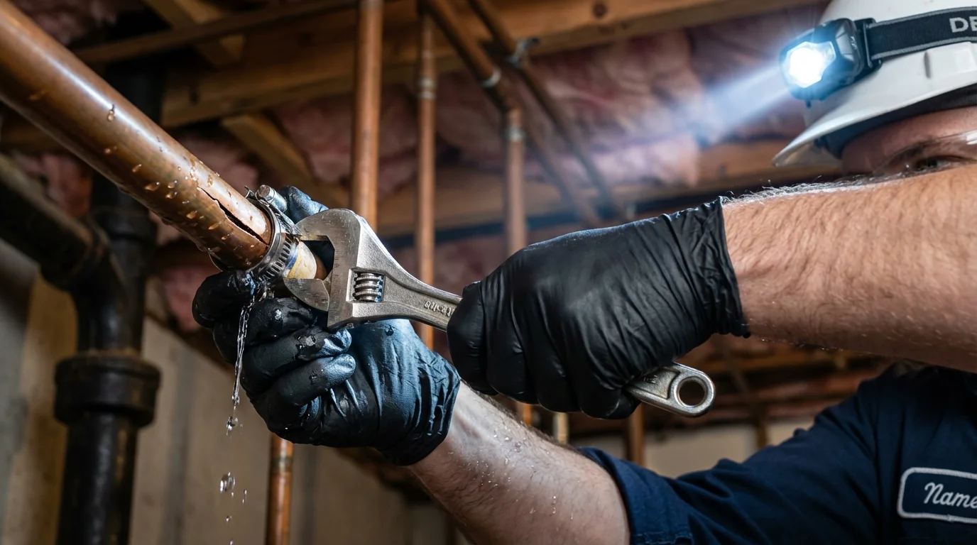 Emergency pipe clamp repair being performed by a Johns Plumbing LLC plumber in Crocker