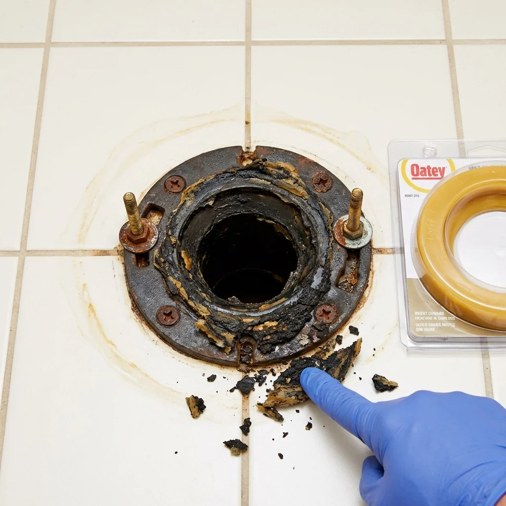 Failed wax ring showing water seepage at the base of a toilet in a Crocker, MO home