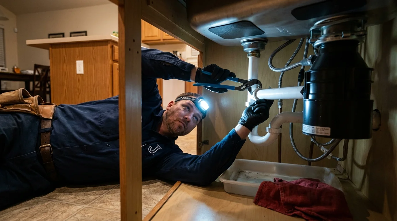 P-trap and supply line connections under a kitchen sink showing a common leak point in Crocker, MO